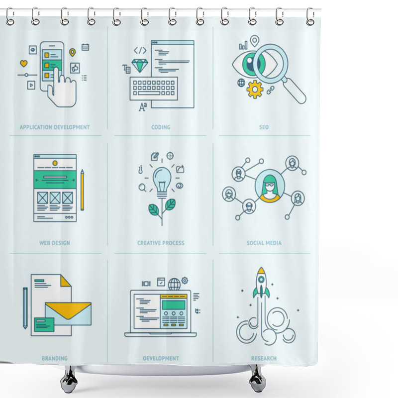 Personality  Set Of Flat Line Icons For Web Development Shower Curtains