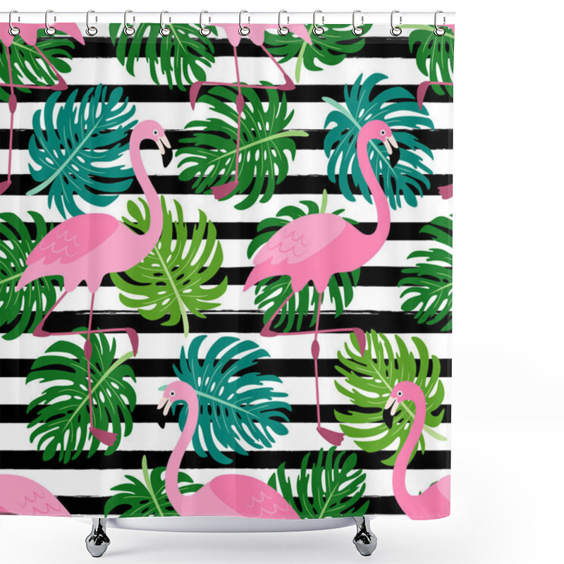 Personality  Cute Exotic Tropical Seamless Background With Cartoon Characters Of Pink Flamingos Shower Curtains