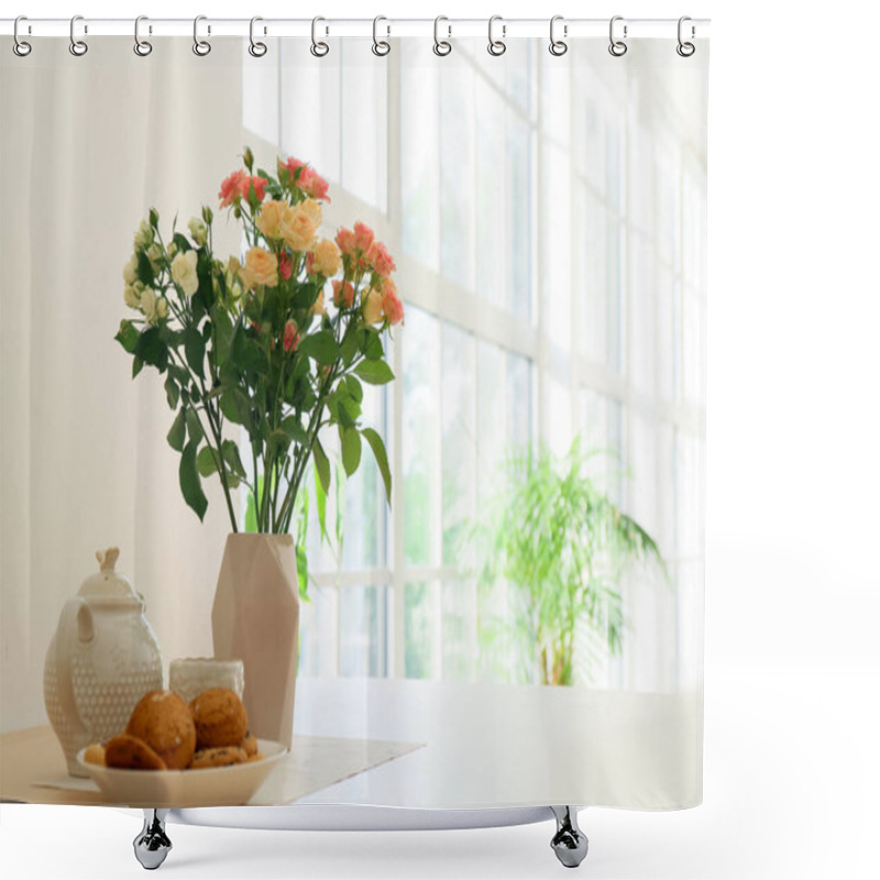 Personality  Vase With Beautiful Roses, Teapot And Cookies On Dining Table In Kitchen Shower Curtains