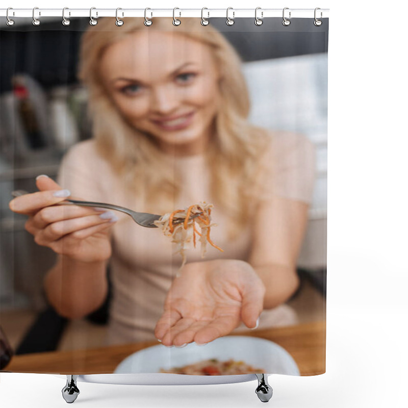 Personality  Selective Focus Of Happy Woman Holding Fork With Thai Noodles While Smiling At Camera Shower Curtains