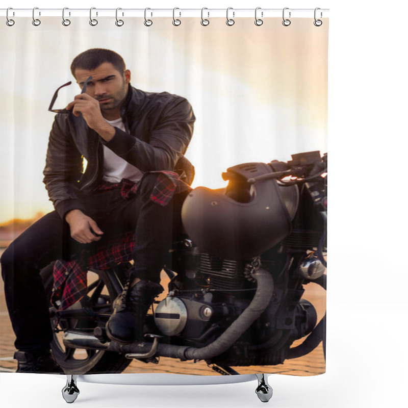 Personality  Brutal Man Sit On Cafe Racer Custom Motorbike. Shower Curtains