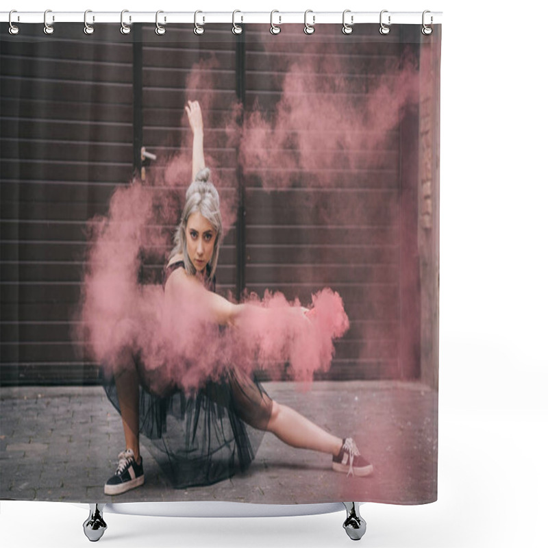 Personality  Beautiful Girl Dancing In Pink Smoke And Looking At Camera On Street  Shower Curtains