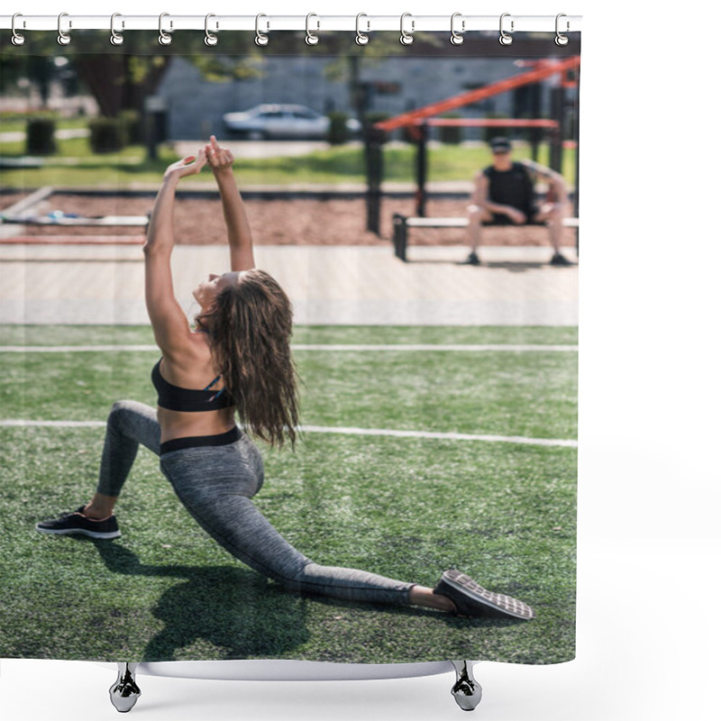 Personality  Woman Stretching On Sports Field Shower Curtains