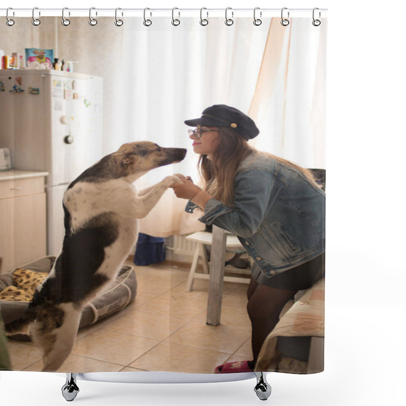 Personality  Beautiful Young Woman Standing And Hugging Her Dog In The Kitchen Room Shower Curtains