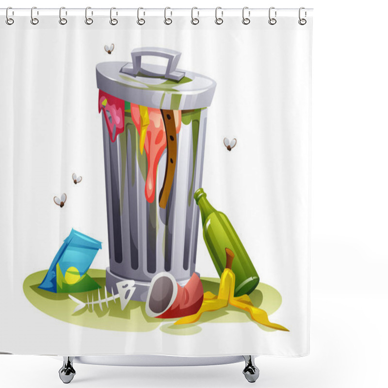 Personality  Overflowing Trash Bin With Food, Bottles, And Litter On The Ground, Surrounded By Flies. Vector Cartoon Illustration Shower Curtains