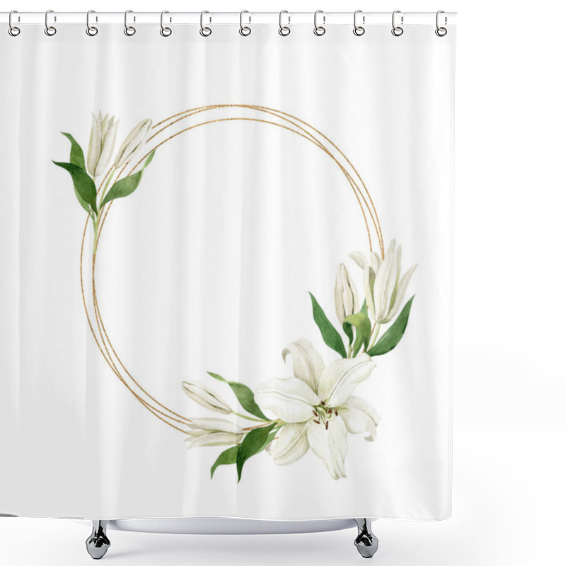 Personality  Watercolor White Lilies With Thin Round Golden Geometric Frame Isolated On White Background. Hand Drawn Clipart For Wedding Invitations, Greeting Cards, Birthday Invitations Shower Curtains