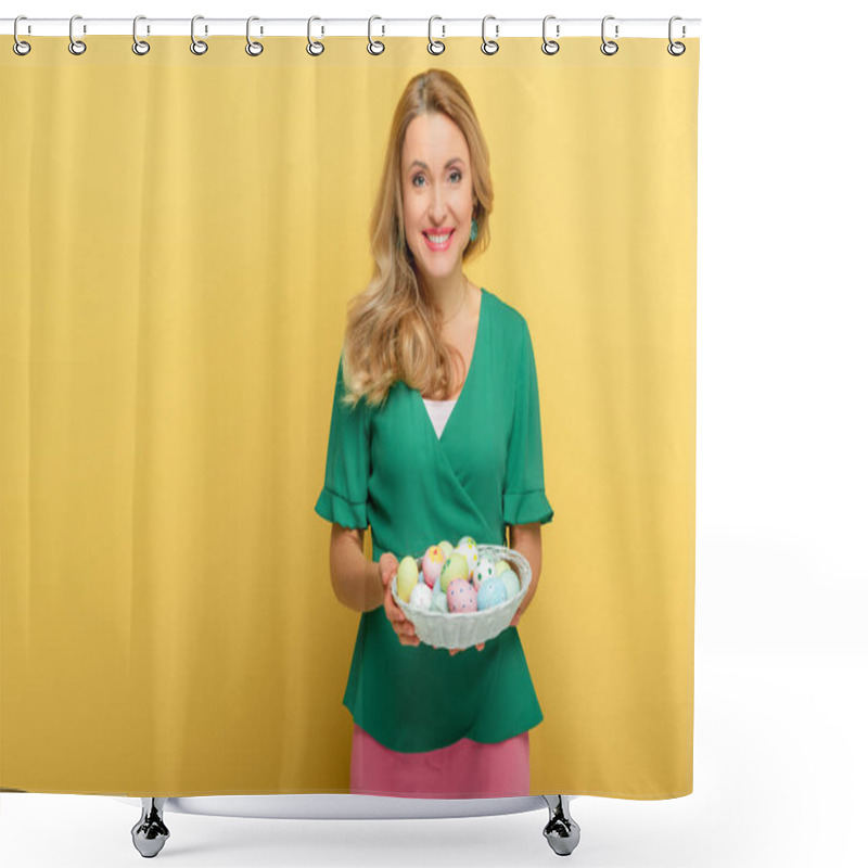 Personality  Cheerful Woman Holding Easter Eggs In Basket Isolated On Yellow  Shower Curtains