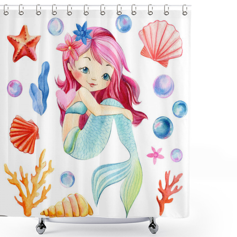 Personality  Mermaid, Seashells, Crown, Bubbles, Coral And Pearl On An Isolated White Background. Watercolor Drawing Shower Curtains