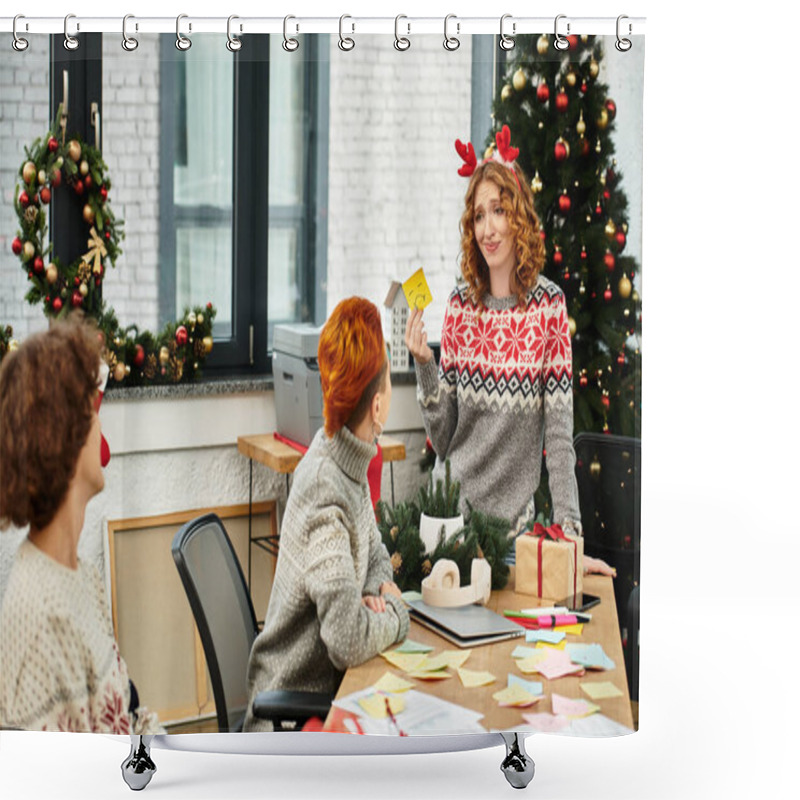 Personality  Colleagues Joyfully Celebrate Christmas With Decorations And Laughter. Shower Curtains