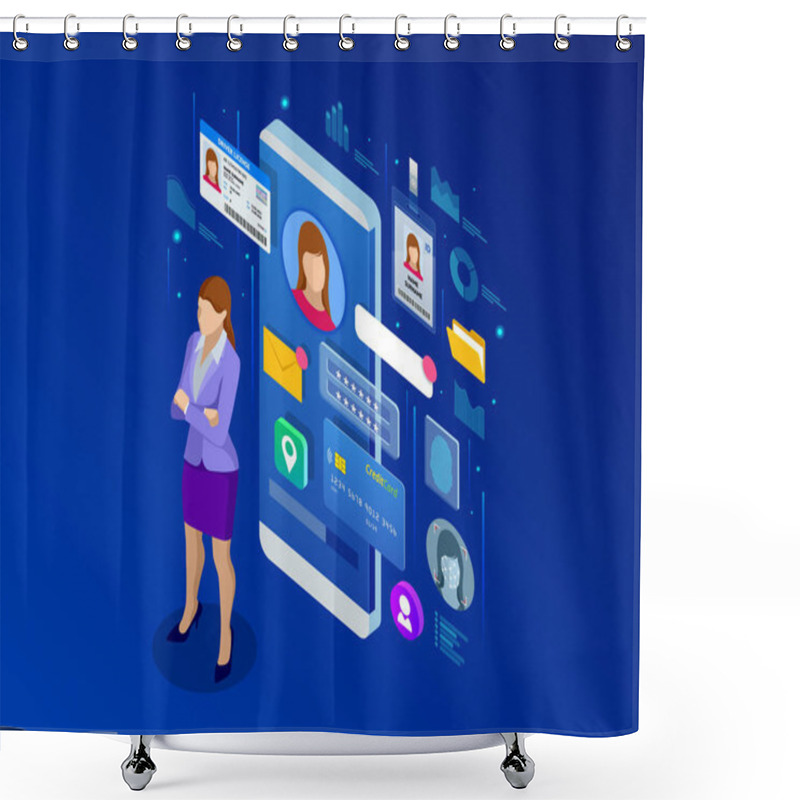 Personality  Isometric Personal Data Information App, Identity Private Concept. Digital Data Secure Banner. Biometrics Technology Vector Illustration For Personal Identity Recognition And Access Authentication. Shower Curtains