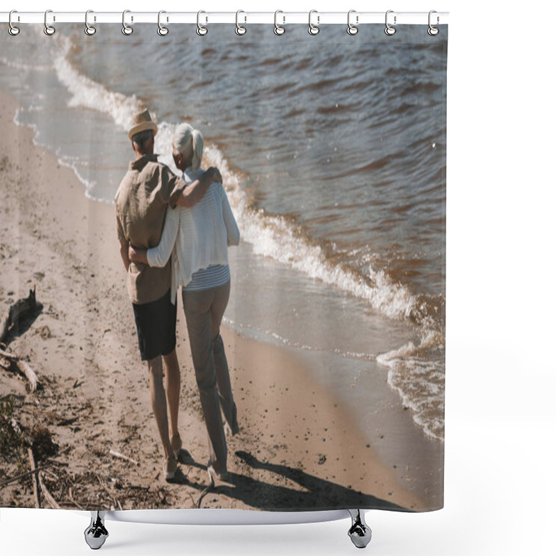 Personality  Senior Couple Walking On Beach  Shower Curtains