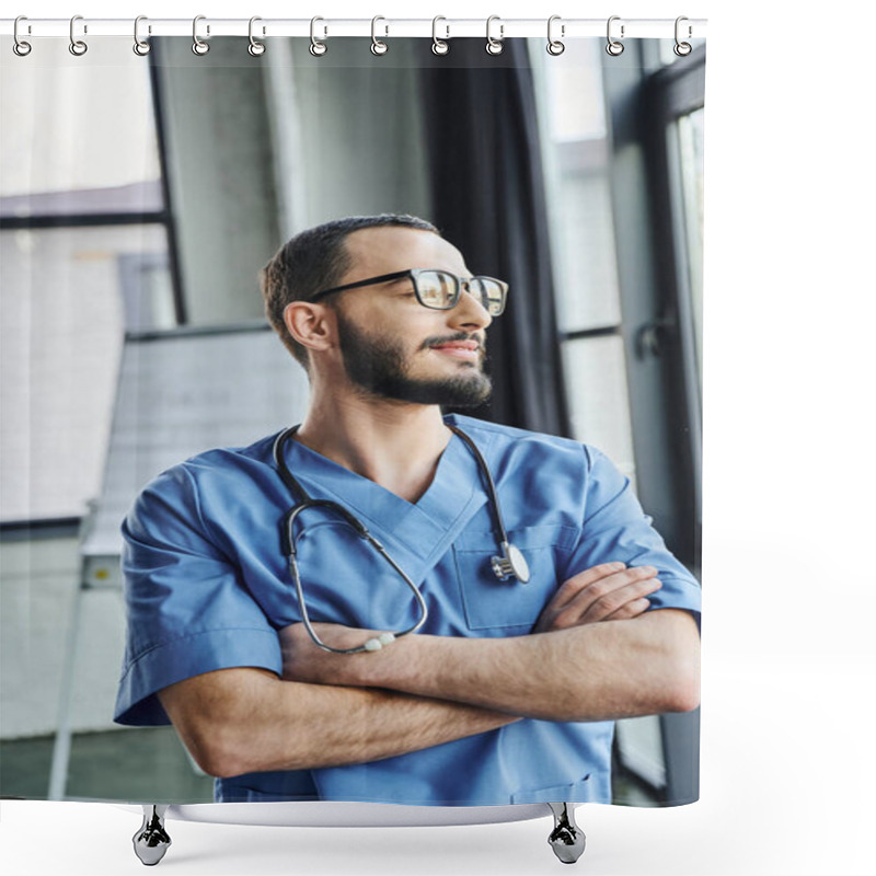 Personality  Dreamy And Smiling Professional Paramedic In Eyeglasses And Blue Uniform Standing With Folded Arms And Looking Away In Training Room, First Aid Training Seminar And Emergency Preparedness Concept Shower Curtains