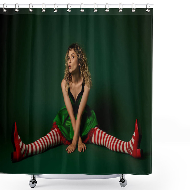 Personality  Dreamy New Year Elf In Festive Dress With Striped Stockings Sitting On Floor On Green Background Shower Curtains