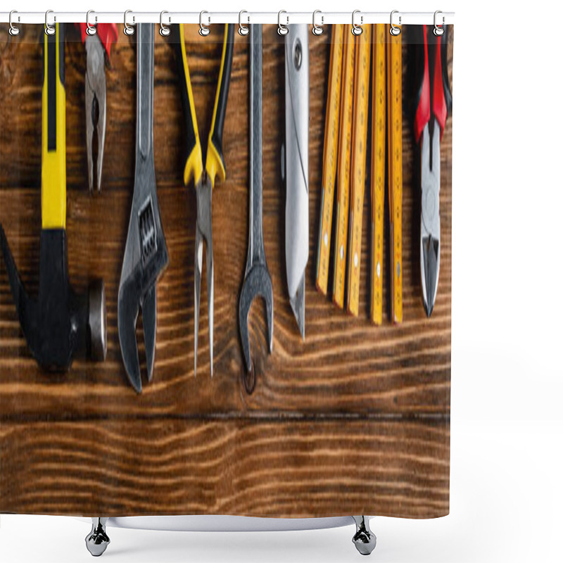 Personality  Top View Of Various Tools On Wooden Surface, Labor Day Concept, Banner Shower Curtains