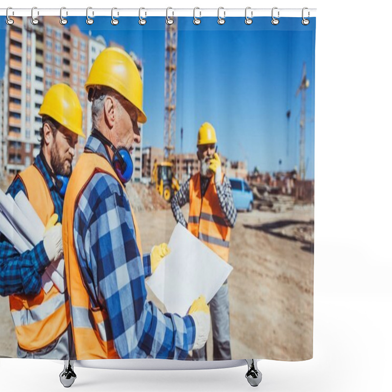 Personality  Construction Worker Examining Building Plan Shower Curtains