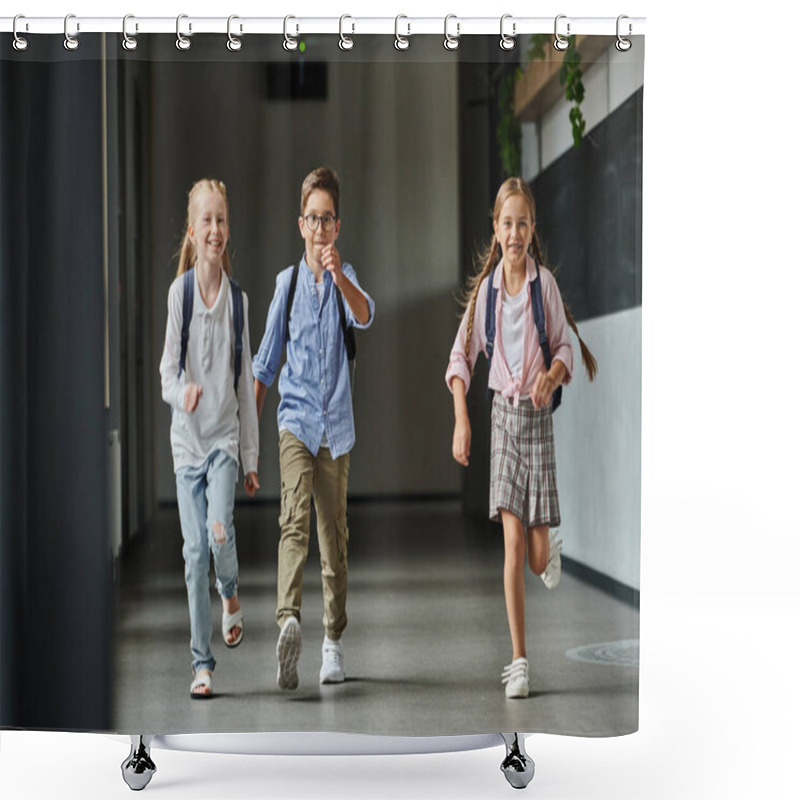 Personality  Group Of Young Children Joyfully Walking Down A Bright Hallway Shower Curtains