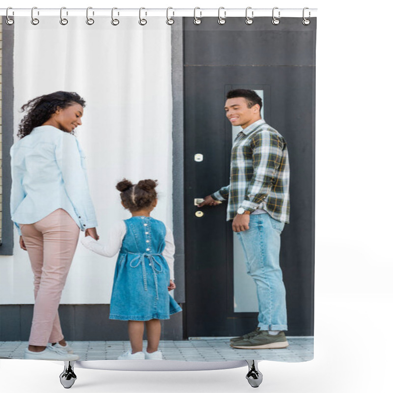 Personality  Full Length View Of African American Father Opening Door While Mother And Kid Walking To Man   Shower Curtains