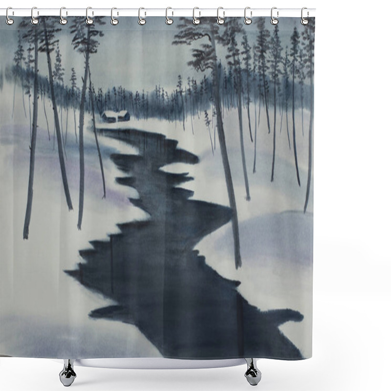 Personality  Two Houses By The River In The Winter Forest Shower Curtains