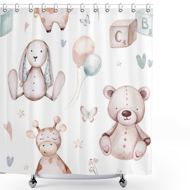 Personality  Seamlesss Pattern With Cartoon Clouds, Magic Baby Bear Bunny Toys And Rainbow. Watercolor Hand Drawn Illustration With White Background. Shower Curtains