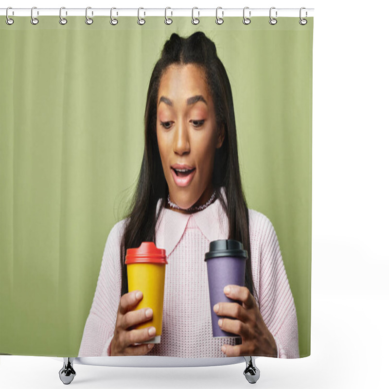 Personality  A Young Woman Warmly Dressed Smiles In Delight As She Holds Two Colorful Cups Of Coffee. Shower Curtains