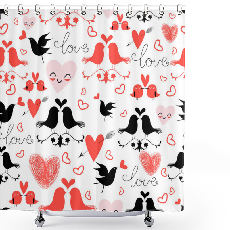 Personality  Holiday Pattern With Love Birds And Hearts Shower Curtains