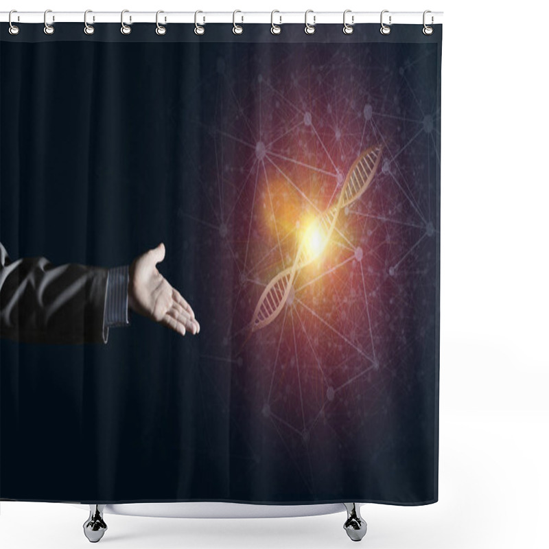 Personality  Close Of Businessman Hand Presenting DNA Molecule Research As Concept. Mixed Media Shower Curtains