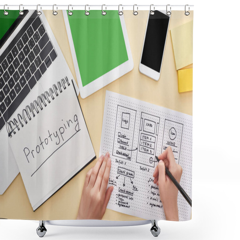 Personality  Cropped View Of Designer Holding Website Design Template Near Gadgets And Notebook With Prototyping Lettering On Yellow Background Shower Curtains