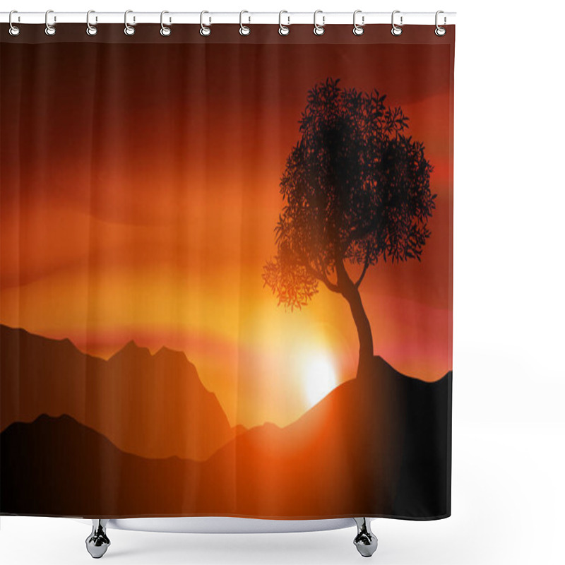 Personality  Orange Sunset Vector Landscape With Tree Silhouette And Misty Mountains Shower Curtains