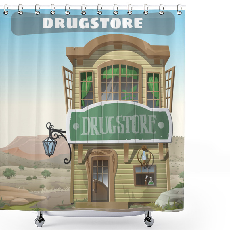 Personality  Old Two-story Pharmacy In The Wild West Shower Curtains