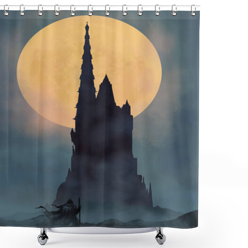 Personality  Silhouette Of A Castle With High Spiers At Night Against The Background Of The Moon, A Traveler In A Cloak And With A Staff In His Hand Comes To It. Digital Art Style, Illustration Painting Shower Curtains