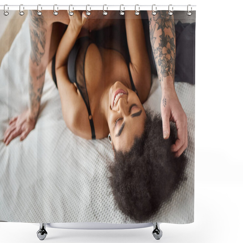 Personality  Multicultural Couple Having Fun Together On Bed In A Light-filled Bedroom, Black Woman In Bra Shower Curtains