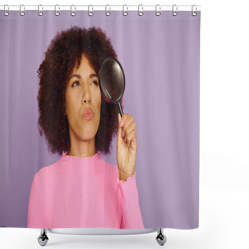 Personality  A Young Woman With Curly Hair Poses Thoughtfully, Showcasing Her Emotions Against A Purple Background. Shower Curtains