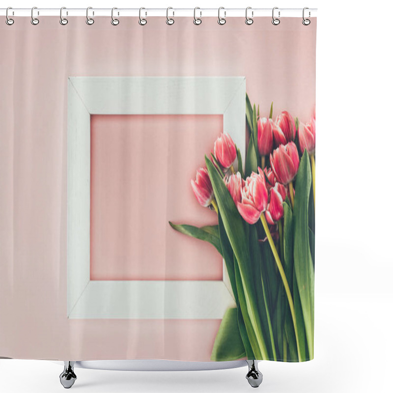 Personality  Beautiful Pink Tulip Flowers With Green Leaves And Empty White Frame On Pink   Shower Curtains