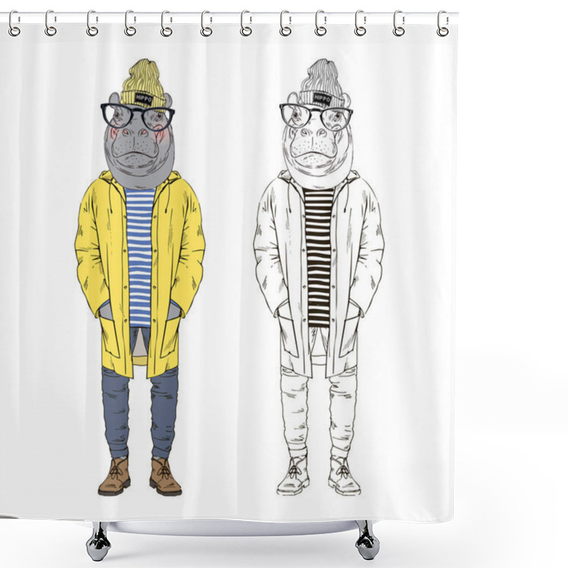 Personality  Hippo  In Yellow Raincoat Shower Curtains