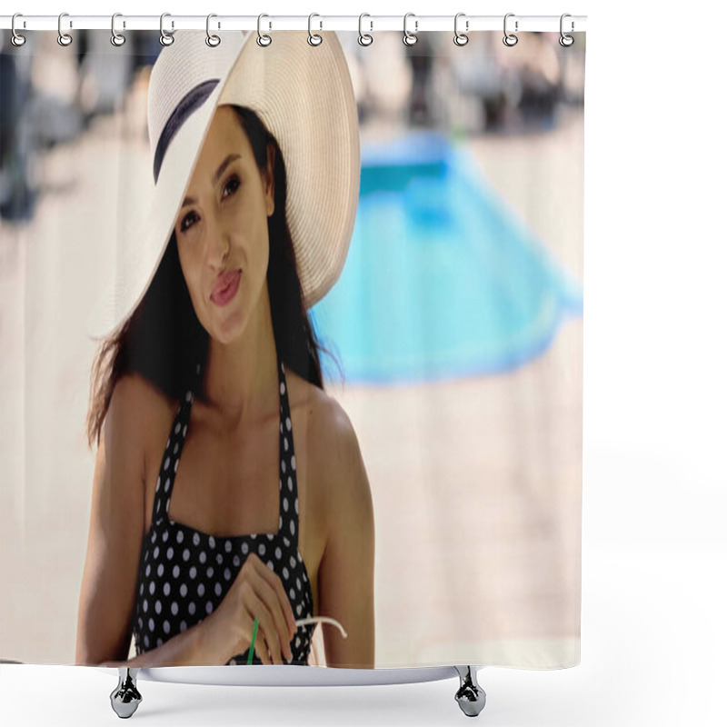 Personality  Stylish Woman In Straw Hat Smiling While Looking At Camera Shower Curtains