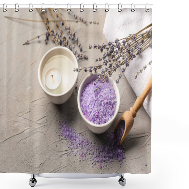 Personality  Bowl With Sea Salt For Spa, Burning Candle And Lavender On Table Shower Curtains