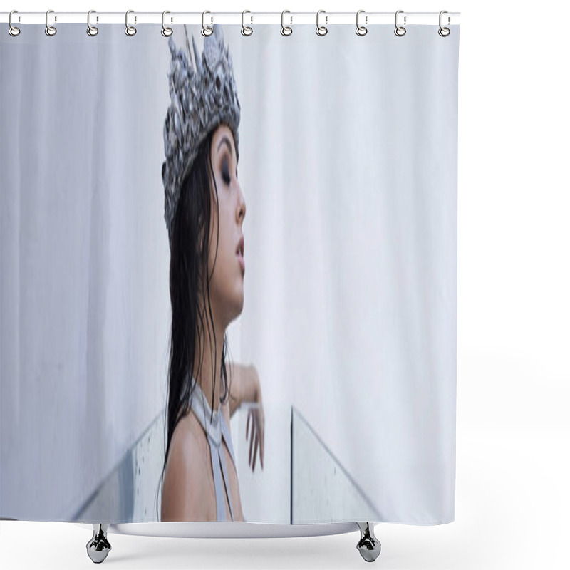 Personality  A Young Woman With Wet Hair And A Crown Of Shells Gazes Dreamily Out Of An Aquarium. Shower Curtains