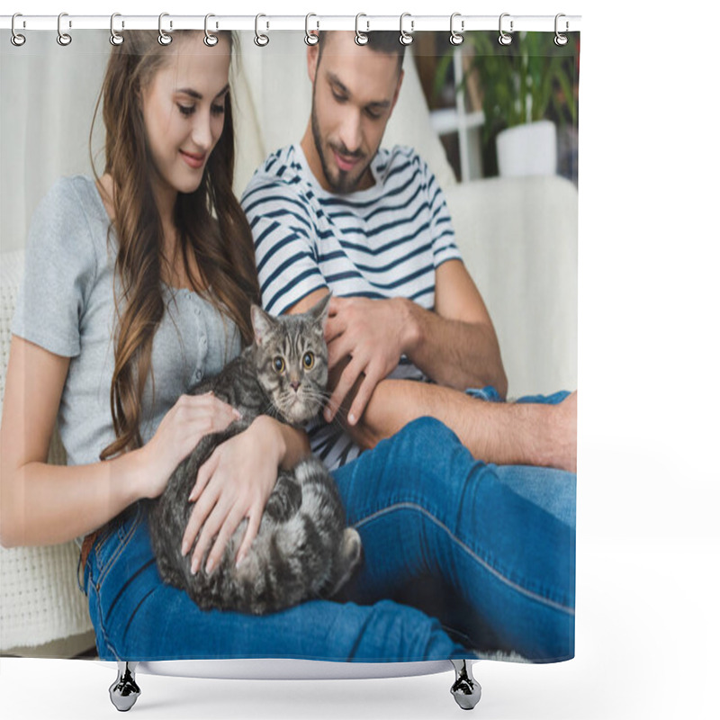 Personality  Beautiful Young Couple Petting Cat At Home While Sitting On Floor Shower Curtains