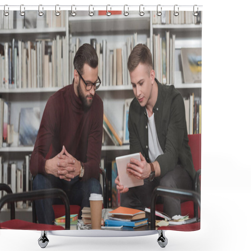 Personality  Friends Studying Together With Tablet In Library Shower Curtains