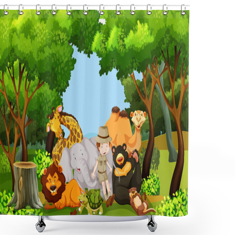 Personality  A Zoo Keeper With Animals Illustration Shower Curtains