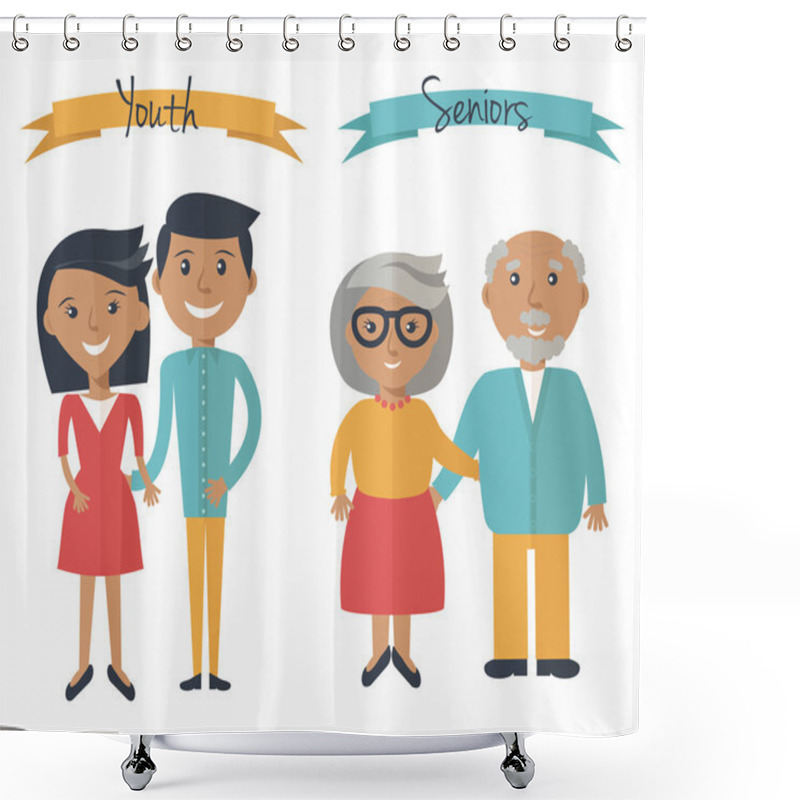 Personality  Woman And Man Couple Generations. Family Couple At Different Ages. Youth And Seniors People Isolated On White. Vector Illustration In Flat Style Shower Curtains