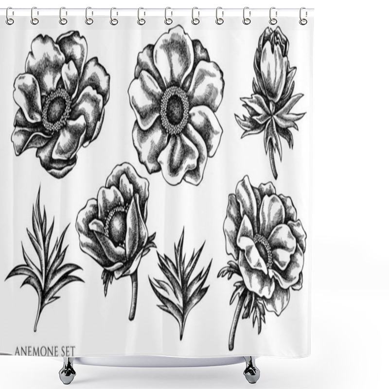 Personality  Vector Set Of Hand Drawn Black And White Anemone Shower Curtains