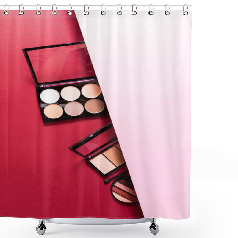 Personality  Top View Of Pastel Eye Shadow And Blush Palettes On Pink And Crimson Shower Curtains