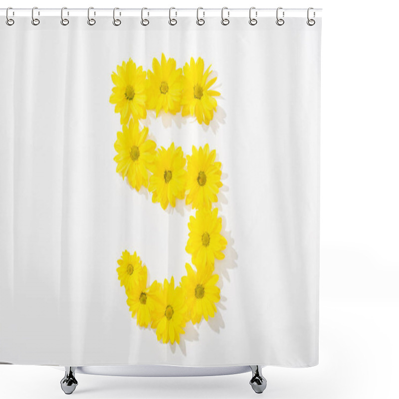 Personality  Top View Of Yellow Daisies Arranged In Number 5 On White Background Shower Curtains