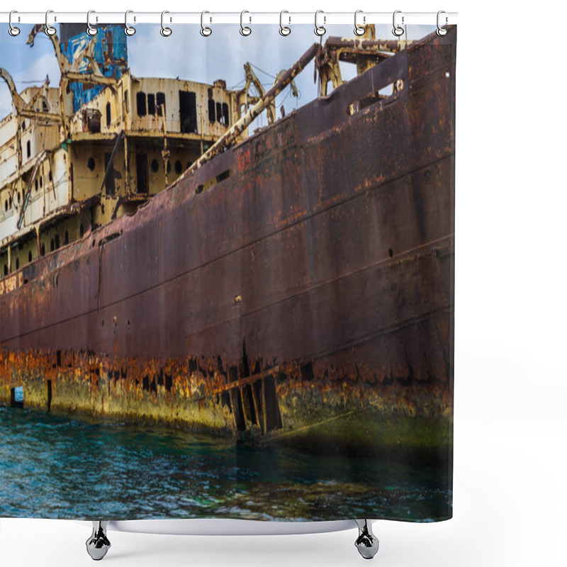 Personality  Close Up View Of Ship Wreck Of Temple Hall With The Port Of Arrecife In Background Shower Curtains