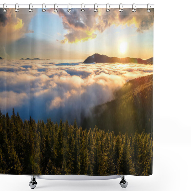 Personality  Aerial View Of Vibrant Sunrise Over Mountain Hills Covered With Evergreen Spruce Forest In Autumn. Shower Curtains