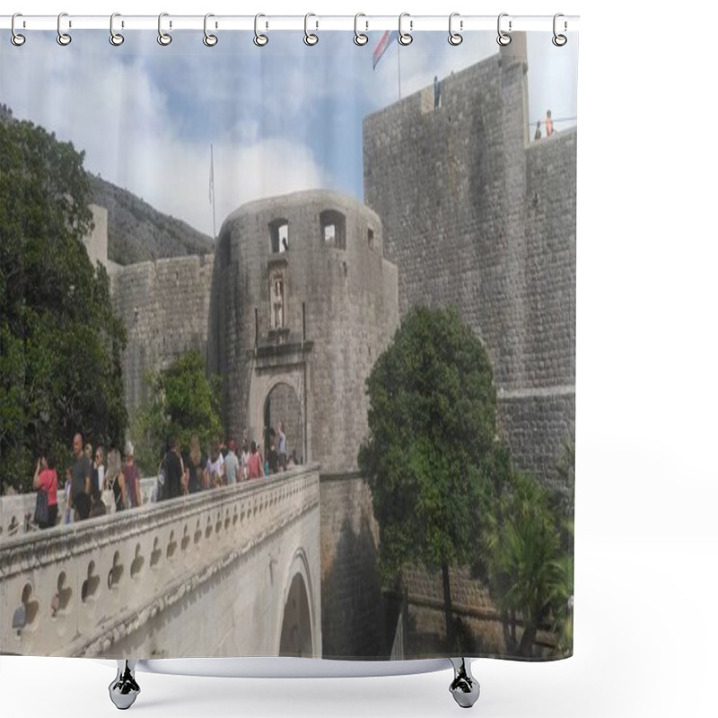 Personality  Pile Gate Dubrovnik Croatia August 14 2022 People Men And Women Walk Along The Stone Bridge To The Gate Of The Old City. Crowd Of Tourists. Busy Entrance. The Main Entrance To Old Town, Busy Pile Gate Shower Curtains