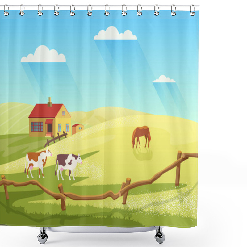 Personality  Village Dairy Farm With Cows, Rural Ranch Countryside Summer Landscape And Farmhouse Shower Curtains