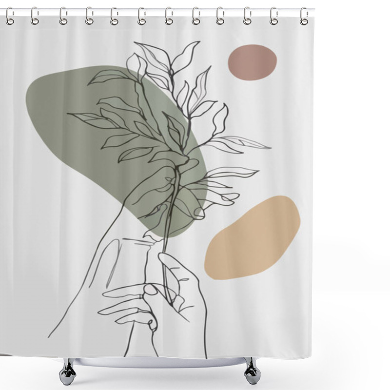 Personality  Sketch Of Female Hands Holding The Plant Stem With Green And Beige Spots Shower Curtains