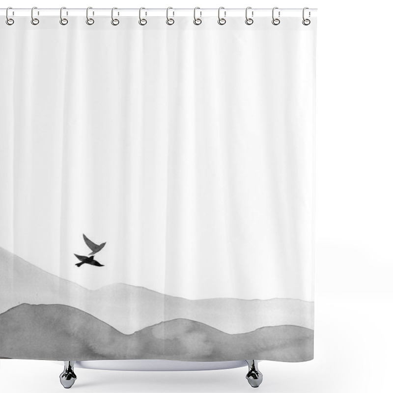 Personality  Hills And Birds. Minimalist Landscape View. Watercolour Illustration On White Background. Shower Curtains